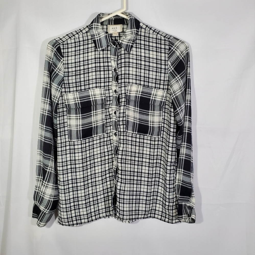 ECI Black White Contrast Check Plaid Long Sleeve Button Up Shirt PSM.